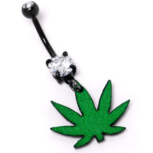 Load image into Gallery viewer, Double Gem Green Marijuana Pot Leaf Black Dangle Belly Ring