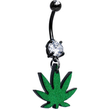 Load image into Gallery viewer, Double Gem Green Marijuana Pot Leaf Black Dangle Belly Ring