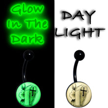 Load image into Gallery viewer, Black Titanium Coffin and Flower Glow in the Dark Belly Ring