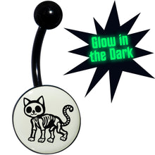 Load image into Gallery viewer, Black Anodized Glow in the Dark Skeleton Kitty Cat Belly Ring by Onyx O