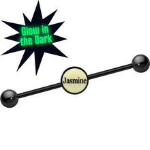Load image into Gallery viewer, Custom Glow in the Dark Personalized Industrial Barbell in Black Titanium