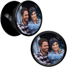 Load image into Gallery viewer, Black Acrylic Custom Photo Saddle Plug - buy 2 for a pair