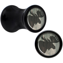Load image into Gallery viewer, Holiday Rustic Wood Moose Black Acrylic Saddle Plug Set Sizes 5mm to 20mm