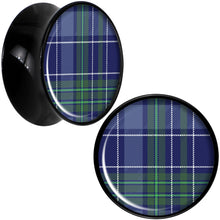 Load image into Gallery viewer, Holiday Blue Green Plaid Black Acrylic Saddle Plug Set Sizes 5mm to 20mm