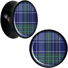 Load image into Gallery viewer, Holiday Blue Green Plaid Black Acrylic Saddle Plug Set Sizes 5mm to 20mm
