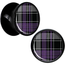 Load image into Gallery viewer, Winter Purple Black Plaid Black Acrylic Saddle Plug Set Sizes 5mm to 20mm