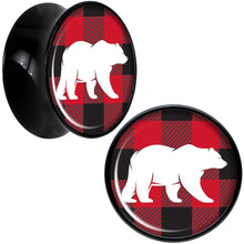 Load image into Gallery viewer, Red Black Plaid Polar Bear Black Acrylic Saddle Plug Set Sizes 5mm to 20mm