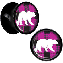 Load image into Gallery viewer, Pink Black Plaid Polar Bear Black Acrylic Saddle Plug Set Sizes 5mm to 20mm