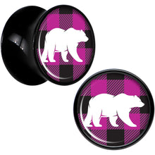 Load image into Gallery viewer, Pink Black Plaid Polar Bear Black Acrylic Saddle Plug Set Sizes 5mm to 20mm