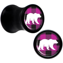 Load image into Gallery viewer, Pink Black Plaid Polar Bear Black Acrylic Saddle Plug Set Sizes 5mm to 20mm