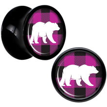 Load image into Gallery viewer, Pink Black Plaid Polar Bear Black Acrylic Saddle Plug Set Sizes 5mm to 20mm