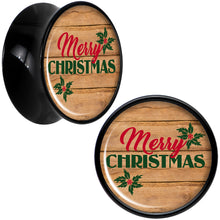 Load image into Gallery viewer, Rustic Wood Merry Christmas Black Acrylic Saddle Plug Set Sizes 8mm to 20mm