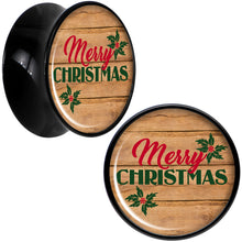 Load image into Gallery viewer, Rustic Wood Merry Christmas Black Acrylic Saddle Plug Set Sizes 8mm to 20mm