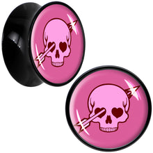 Load image into Gallery viewer, Valentine Cupid Skull Black Acrylic Saddle Plug Set by Onyx O