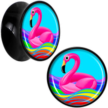 Load image into Gallery viewer, Black Acrylic Rainbow Sea Floating Flamingo Double Flare Plug Set by Onyx O