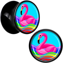 Load image into Gallery viewer, Black Acrylic Rainbow Sea Floating Flamingo Double Flare Plug Set by Onyx O