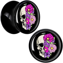 Load image into Gallery viewer, Floral Flowers Skull Black Acrylic Saddle Plug Set 8mm to 20mm by Onyx O