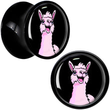 Load image into Gallery viewer, Pink Happy Llama Black Acrylic Saddle Plug Set 8mm to 20mm by Onyx O