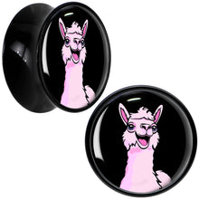 Load image into Gallery viewer, Pink Happy Llama Black Acrylic Saddle Plug Set 8mm to 20mm by Onyx O