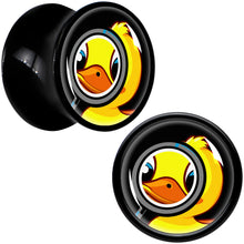 Load image into Gallery viewer, Magnified Yellow Duck Black Acrylic Saddle Plug Set 8mm to 20mm by Onyx O