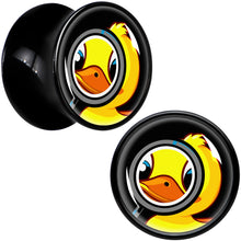 Load image into Gallery viewer, Magnified Yellow Duck Black Acrylic Saddle Plug Set 8mm to 20mm by Onyx O