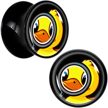 Load image into Gallery viewer, Magnified Yellow Duck Black Acrylic Saddle Plug Set 8mm to 20mm by Onyx O