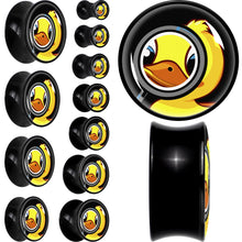 Load image into Gallery viewer, Magnified Yellow Duck Black Acrylic Saddle Plug Set 8mm to 20mm by Onyx O
