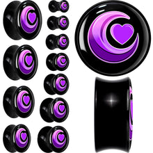 Load image into Gallery viewer, 0G Crescent Moon Heart Black Acrylic Saddle Plug Set by Onyx O