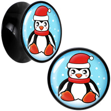 Load image into Gallery viewer, Black Acrylic Snowfall Holiday Penguin Double Flare Plug Set by Onyx O