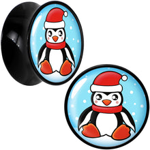 Load image into Gallery viewer, Black Acrylic Snowfall Holiday Penguin Double Flare Plug Set by Onyx O