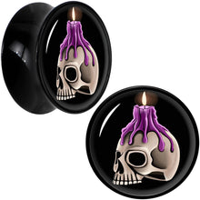 Load image into Gallery viewer, Black Acrylic Burning Skull Candle Double Flare Plug Set by Onyx O