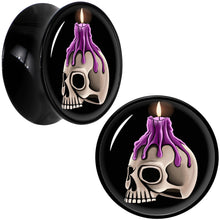 Load image into Gallery viewer, Black Acrylic Burning Skull Candle Double Flare Plug Set by Onyx O