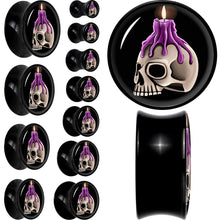 Load image into Gallery viewer, Black Acrylic Burning Skull Candle Double Flare Plug Set by Onyx O