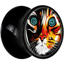 Load image into Gallery viewer, Colorful Trippy Cat Black Acrylic Saddle Plug Set 8mm to 20mm by Onyx O