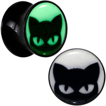 Load image into Gallery viewer, Black Acrylic Glow in the Dark Peeking Cat Double Flare Plug Set by Onyx O
