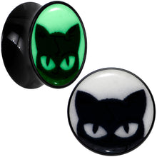 Load image into Gallery viewer, Black Acrylic Glow in the Dark Peeking Cat Double Flare Plug Set by Onyx O