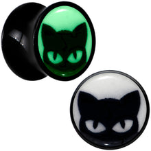 Load image into Gallery viewer, Black Acrylic Glow in the Dark Peeking Cat Double Flare Plug Set by Onyx O