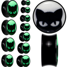 Load image into Gallery viewer, Black Acrylic Glow in the Dark Peeking Cat Double Flare Plug Set by Onyx O