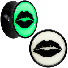 Load image into Gallery viewer, Black Acrylic Lipstick Kiss Glow in Dark Double Flare Plug Set by Onyx O