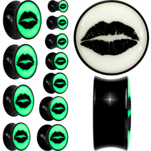 Load image into Gallery viewer, Black Acrylic Lipstick Kiss Glow in Dark Double Flare Plug Set by Onyx O