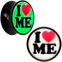 Load image into Gallery viewer, Black Acrylic I Love Me Glow in the Dark Double Flare Plug Set by Onyx O