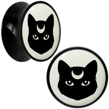 Load image into Gallery viewer, Glow in the Dark Mystic Kitty Cat Black Acrylic Saddle Plug Set by Onyx O