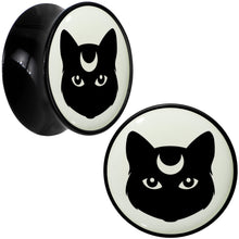Load image into Gallery viewer, Glow in the Dark Mystic Kitty Cat Black Acrylic Saddle Plug Set by Onyx O