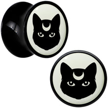 Load image into Gallery viewer, Glow in the Dark Mystic Kitty Cat Black Acrylic Saddle Plug Set by Onyx O