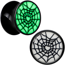 Load image into Gallery viewer, Black Acrylic Heart Spider Web Glow in the Dark Double Flare Plug Set by Onyx O