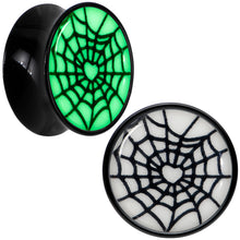 Load image into Gallery viewer, Black Acrylic Heart Spider Web Glow in the Dark Double Flare Plug Set by Onyx O