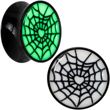 Load image into Gallery viewer, Black Acrylic Heart Spider Web Glow in the Dark Double Flare Plug Set by Onyx O