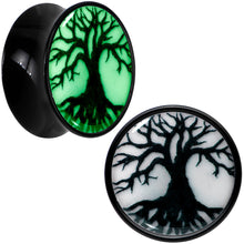 Load image into Gallery viewer, Black Acrylic Tree Of Life Glow in the Dark Double Flare Plug Set by Onyx O