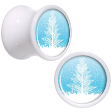 Load image into Gallery viewer, Winter Snow Covered Tree White Acrylic Saddle Plug Set Sizes 5mm to 20mm