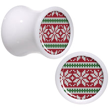 Load image into Gallery viewer, Red Green Christmas Sweater White Acrylic Saddle Plug Set Sizes 5mm to 20mm